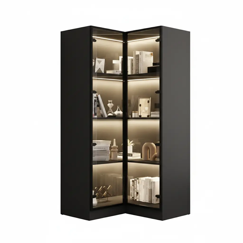 Modern T-Shape Corner Display Cabinet with Matte Black Frame and Integrated LED Lighting.