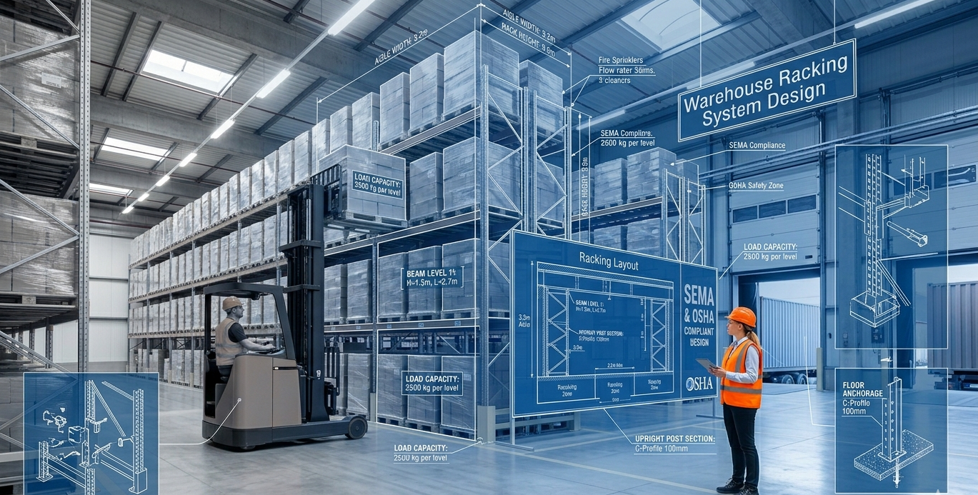 Detailed engineering blueprint showcasing Warehouse Racking System Design with SEMA and OSHA compliance labels