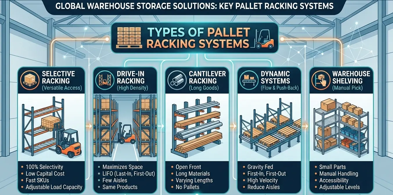 Selective Racking System Heavy-duty steel frames representing the most flexible types of racking system in warehouse, showing organized pallets and clear forklift aisles.