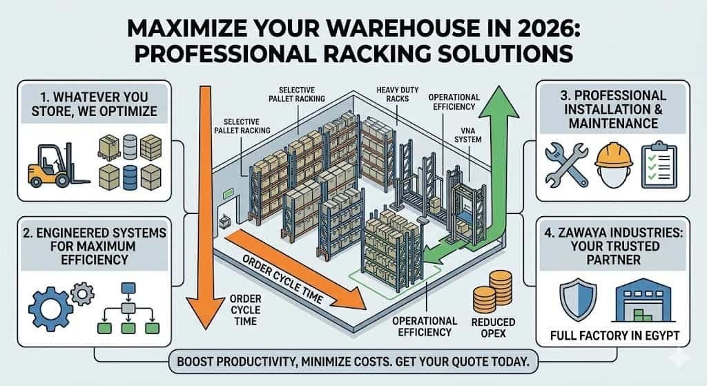تصميم هندسي متكامل لمستودع صناعي من تنفيذ شركة زوايا، يظهر دمج أنظمة أرفف البالتات الثقيلة (Heavy Duty Pallet Racking) مع ممرات حركة آمنة ومنظمة لرفع كفاءة التخزين