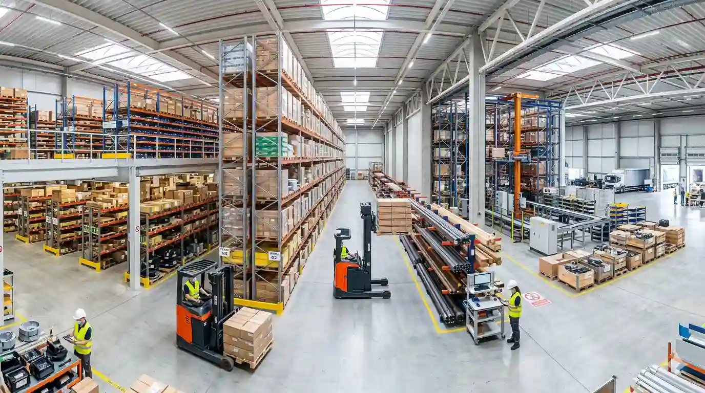 تصميم هندسي متكامل من إحدى شركات تجهيز مخازن حديثة يوضح أنظمة أرفف البالتات والكانتليفر والميزانين مع حركة الرافعات الشوكية.