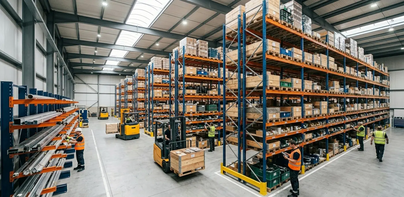 صورة شاملة لمستودع حديث يظهر استخدام حلول التخزين المنظمة