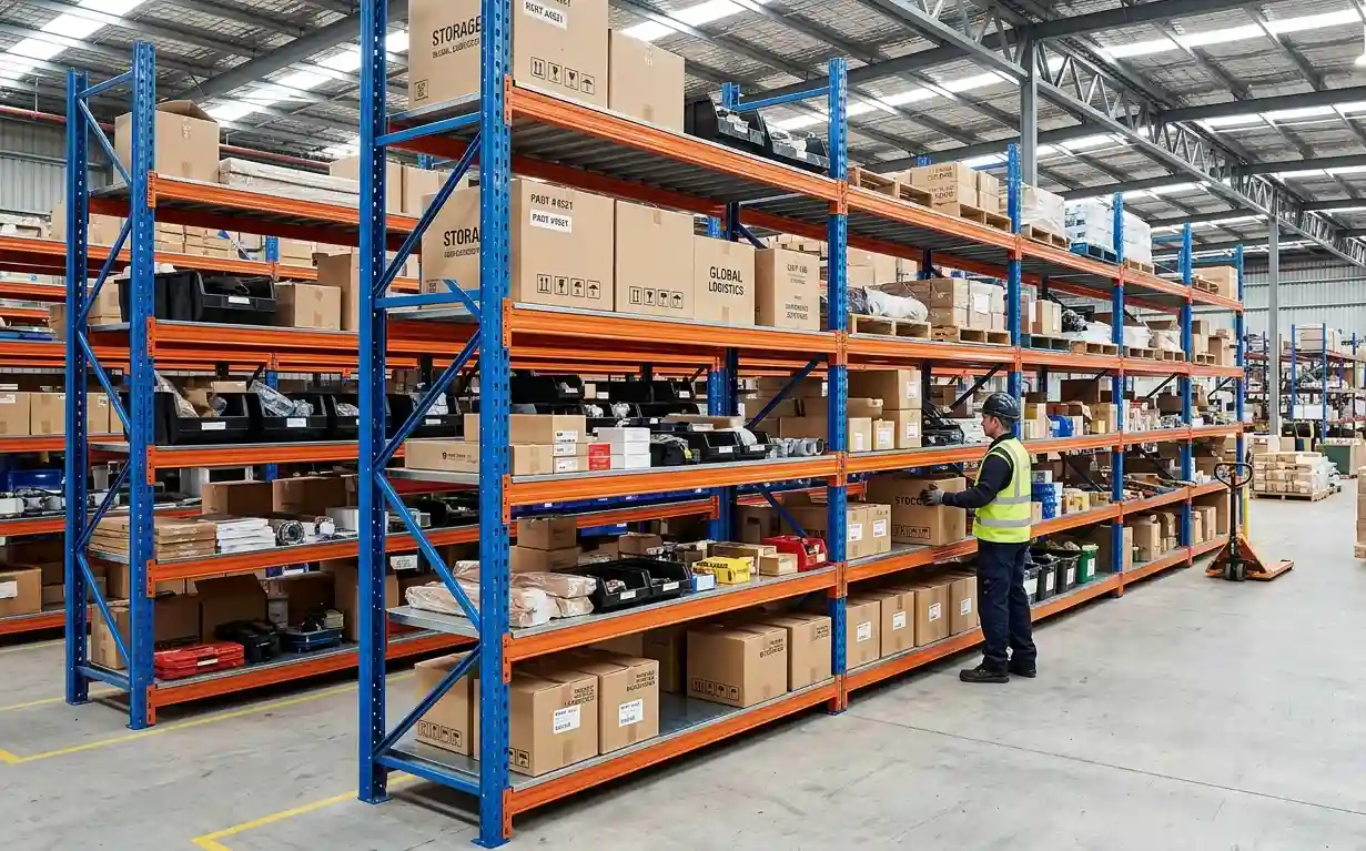 Longspan Shelving System with adjustable steel shelves for commercial warehouse storage