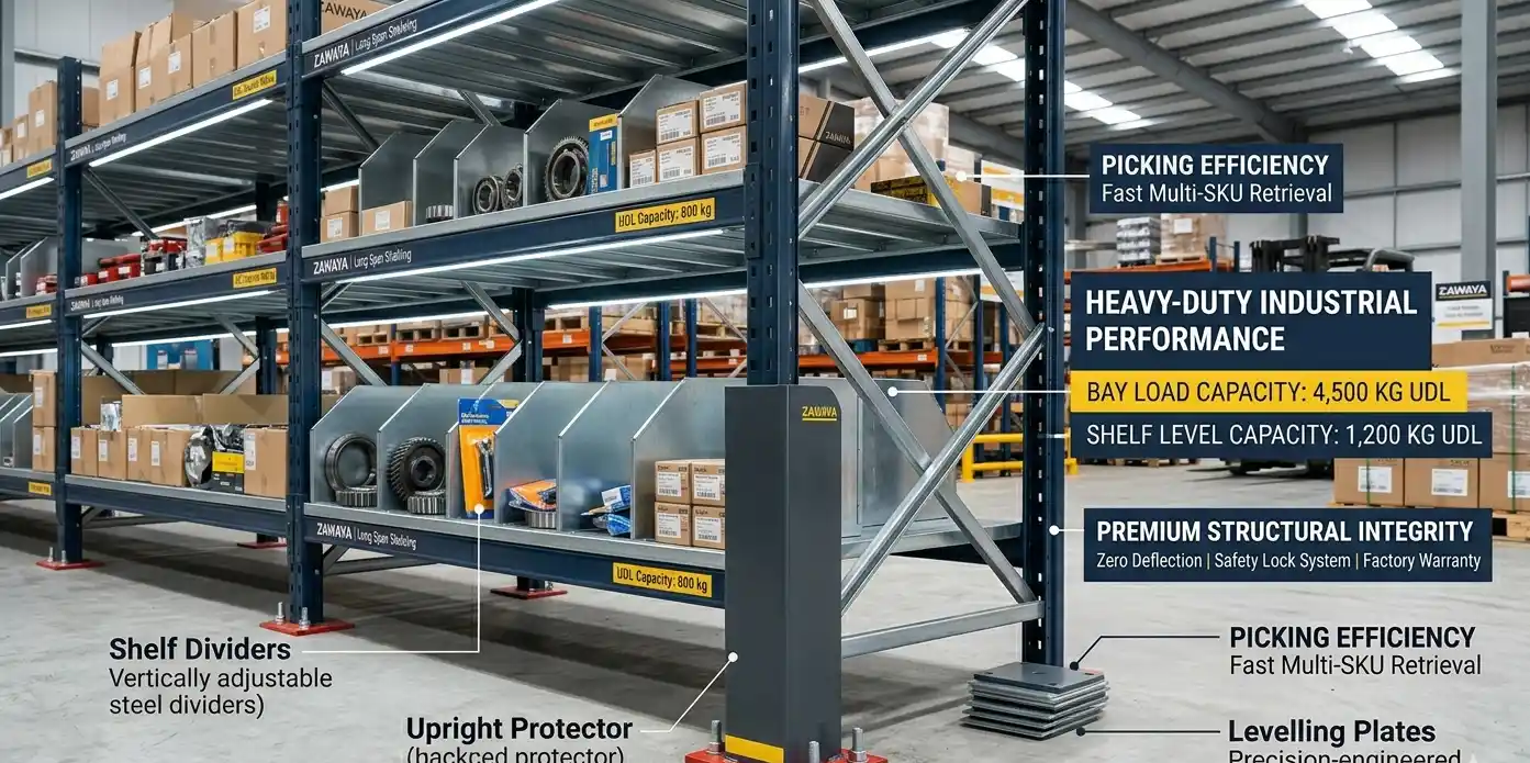 Longspan shelving accessories for adjustable warehouse storage and industrial racking systems