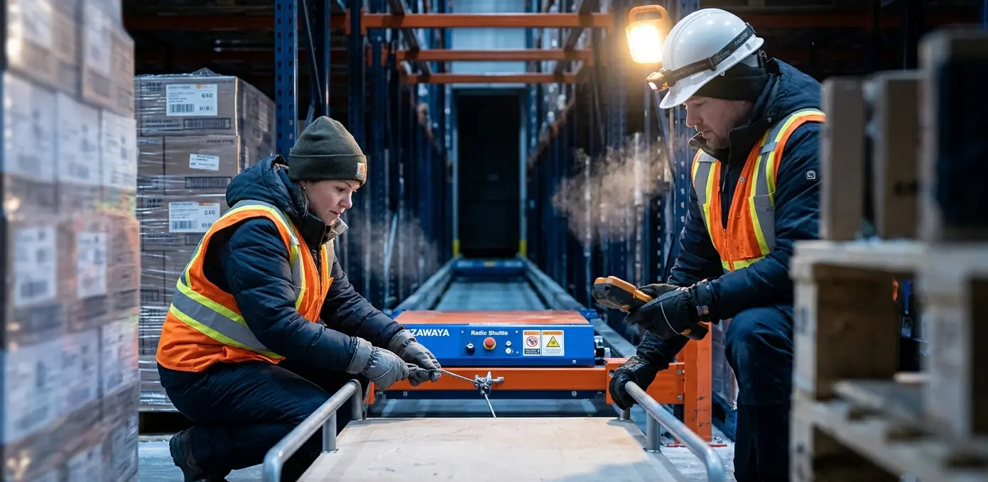 Radio shuttle cart operating in a high-density warehouse automation racking system