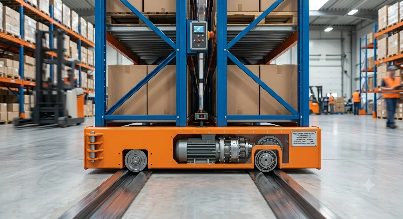 Heavy duty mobile racking system motorized base and floor rails close up view