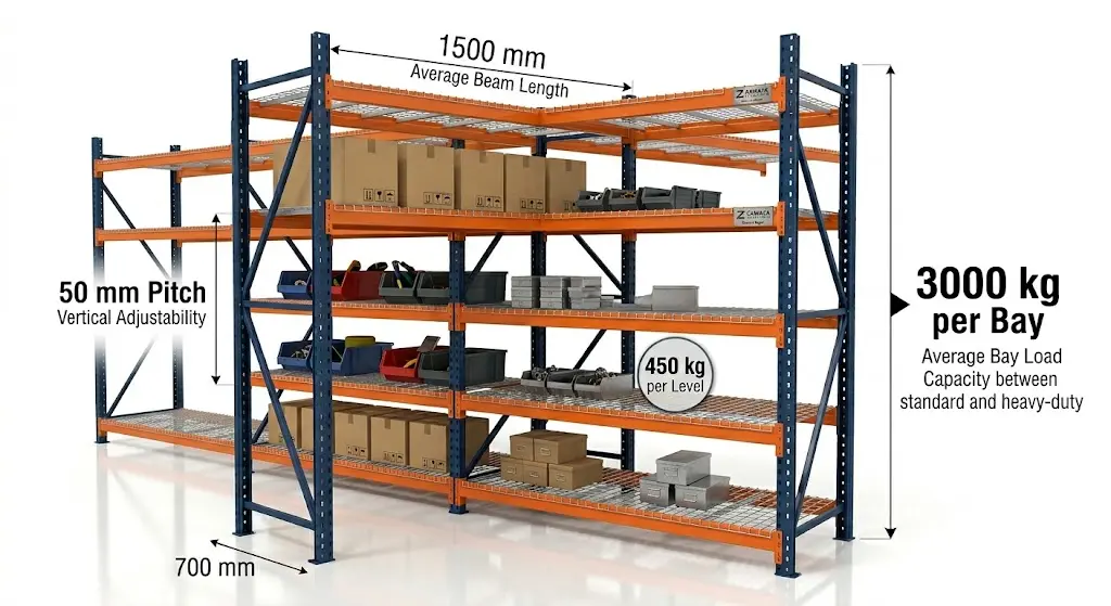 أرفف متوسطة التحمل (MD Shelving) نظام تخزين صناعي قوي وسهل التركيب بدون أدوات، يتحمل حتى 500 كجم لكل رف، ومناسب للمستودعات والمتاجر وتنظيم قطع الغيار.