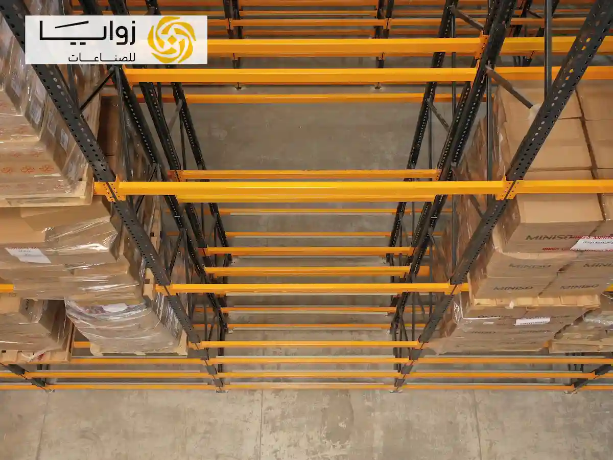 A multi-level industrial steel pallet racking structure featuring organized pallet loads, clear handling aisles, and optimal vertical height utilization for bonded storage