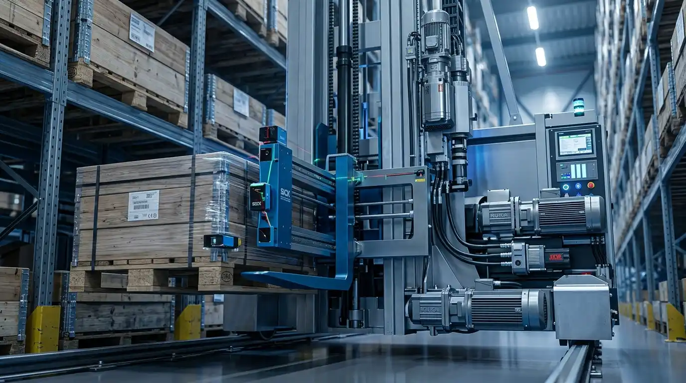 Automated high-bay pallet racking system with laser-guided stacker crane